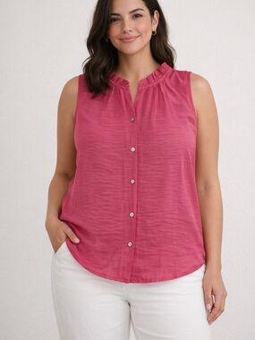 Nanette Lepore Pink Ruffle Neck Sleeveless Button Down Blouse Large